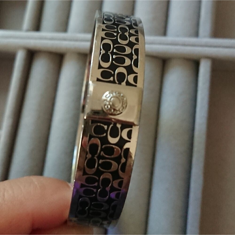 Authentic Coach Silver Tone black C Signature 1/2" Bangle Cuff Bracelet - Picture 2 of 11